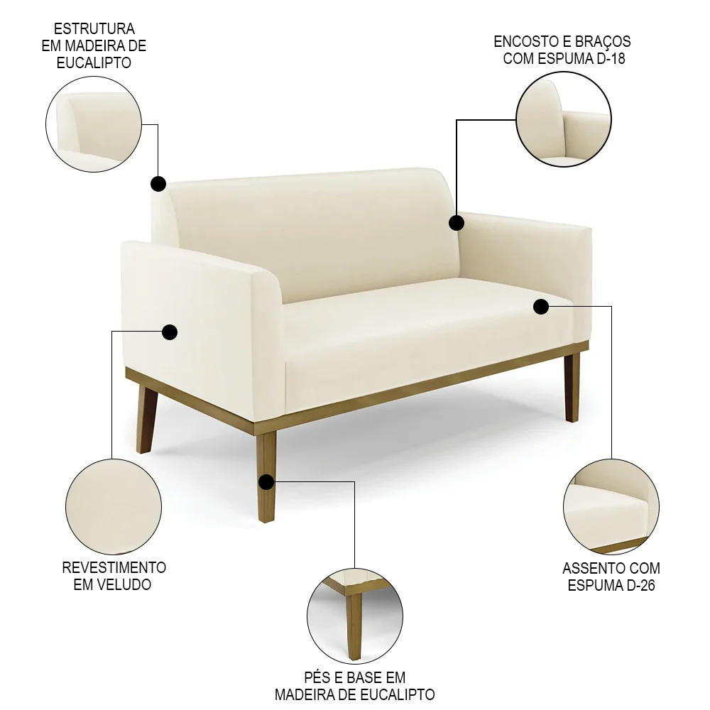 Sofá Namoradeira e 1 Poltrona Base Madeira Castanho Maressa Veludo Bege - Ibiza