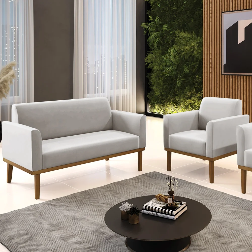 Sofá Namoradeira e 1 Poltrona Base Madeira Castanho Maressa Veludo Cinza - Ibiza