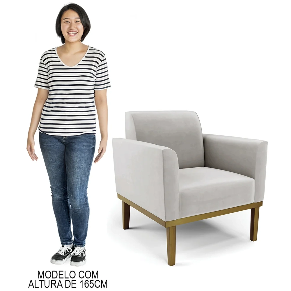 Sofá Namoradeira e 1 Poltrona Base Madeira Castanho Maressa Veludo Cinza - Ibiza