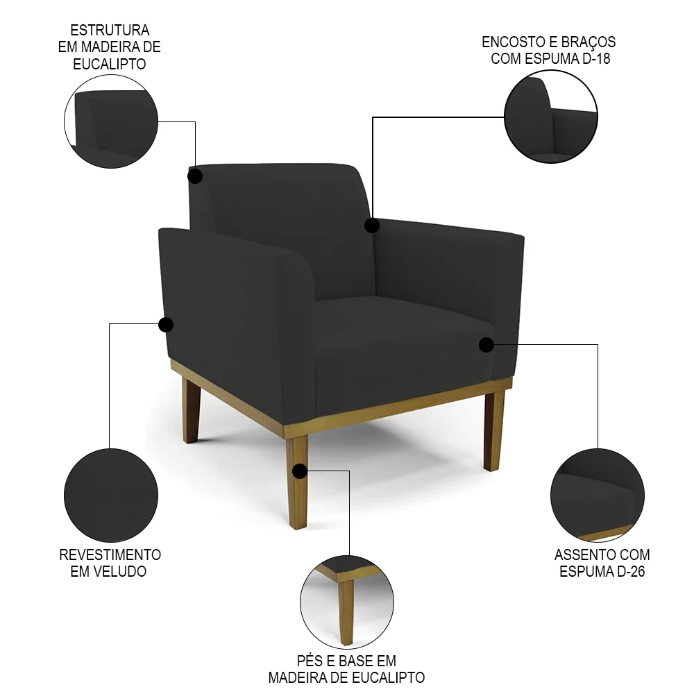 Sofá Namoradeira e 1 Poltrona Base Madeira Castanho Maressa Veludo Preto - Ibiza