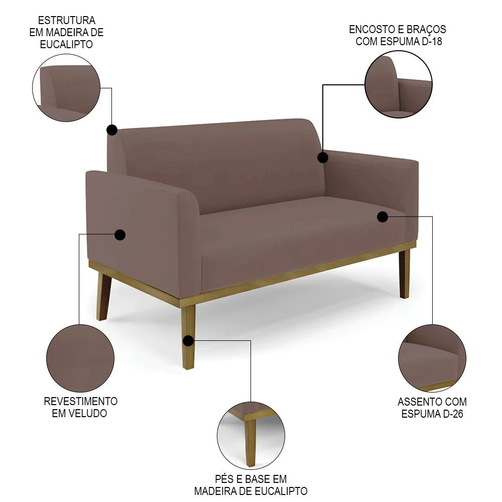 Sofá Namoradeira e 1 Poltrona Base Madeira Castanho Maressa Veludo Rosê - Ibiza