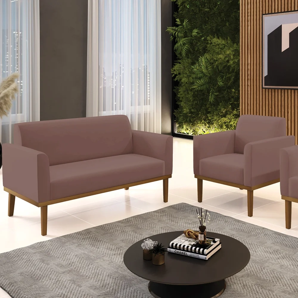 Sofá Namoradeira e 1 Poltrona Base Madeira Castanho Maressa Veludo Rosê - Ibiza