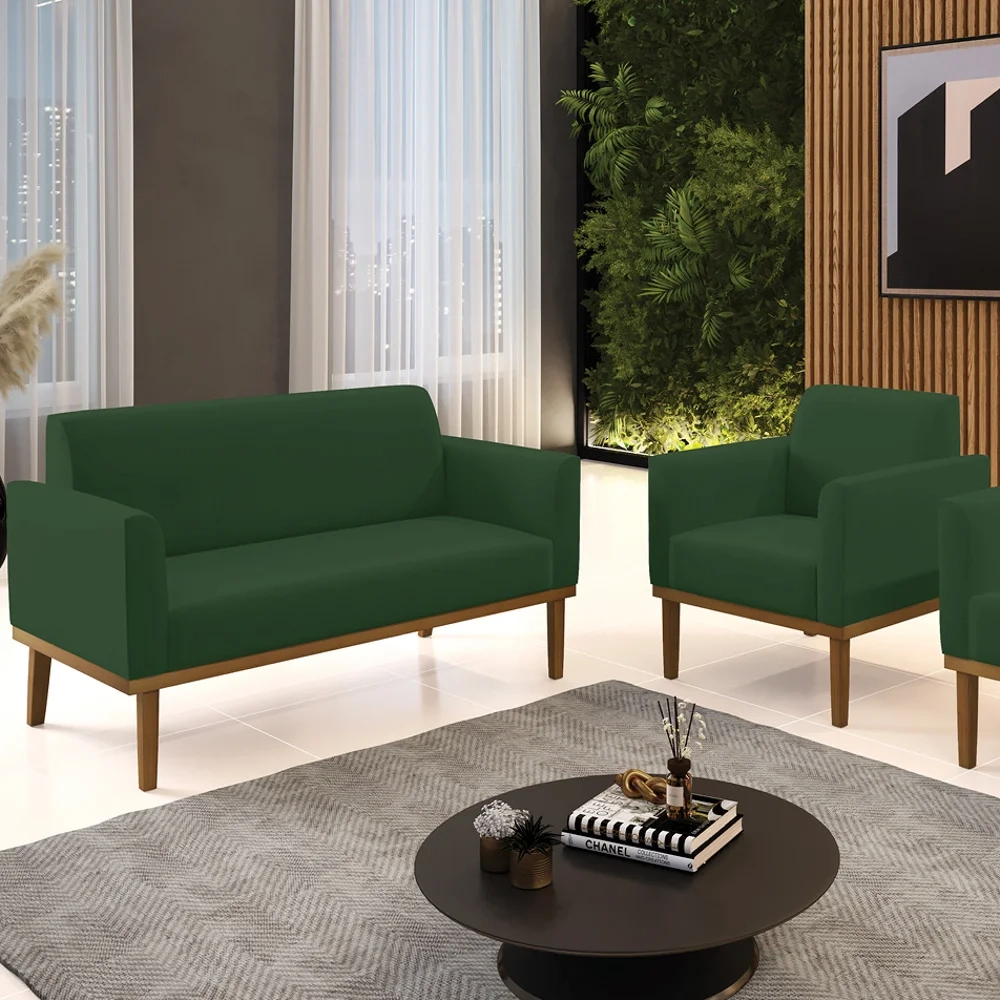 Sofá Namoradeira e 1 Poltrona Base Madeira Castanho Maressa Veludo Verde - Ibiza