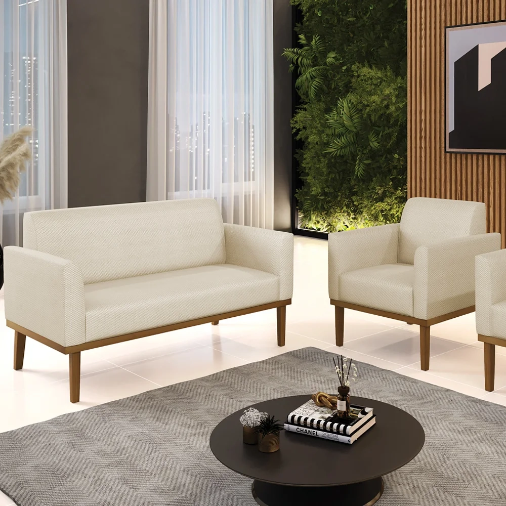 Sofá Namoradeira e 1 Poltrona Base Madeira Castanho Maressa Veludo Luxo Off White - Ibiza