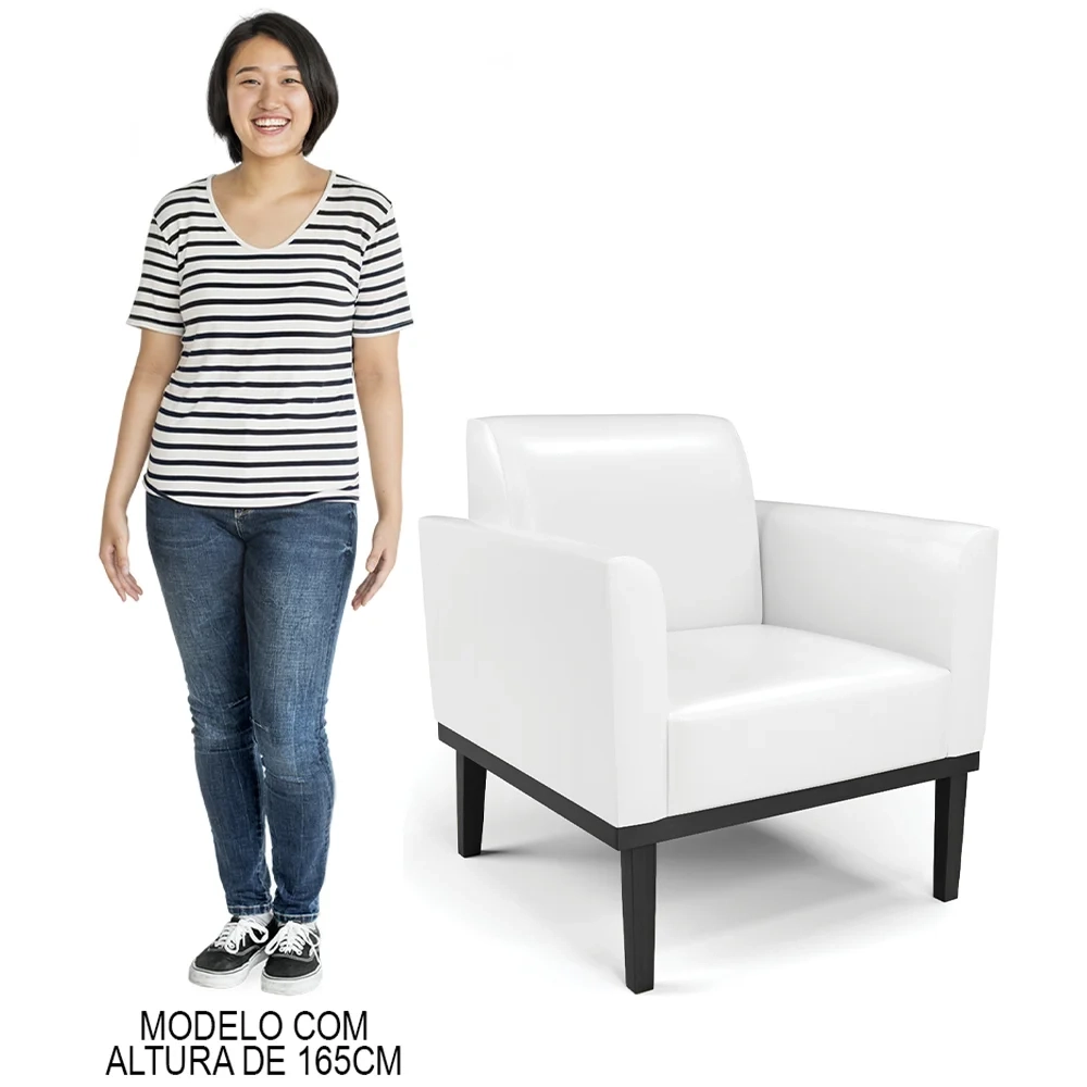 Sofá Namoradeira e 1 Poltrona Base Madeira Preto Maressa Sintético PU Branco - Ibiza
