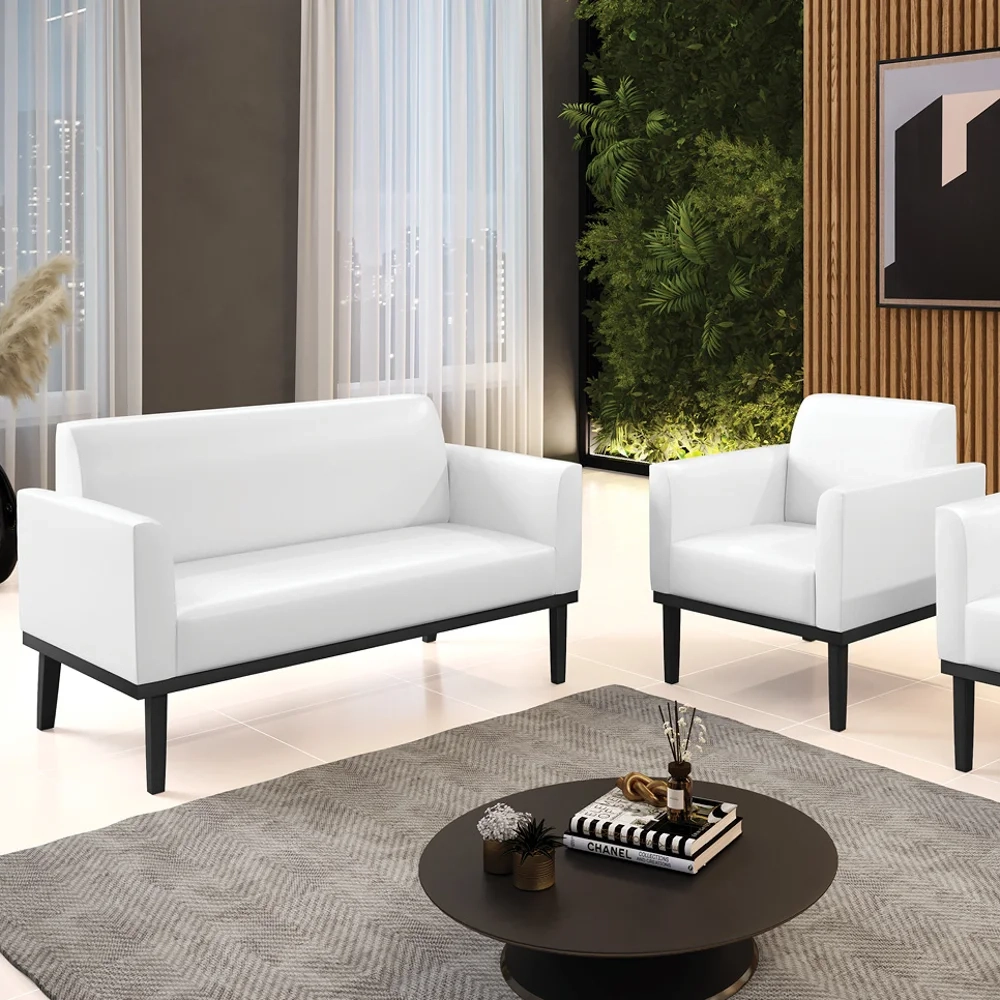 Sofá Namoradeira e 1 Poltrona Base Madeira Preto Maressa Sintético PU Branco - Ibiza