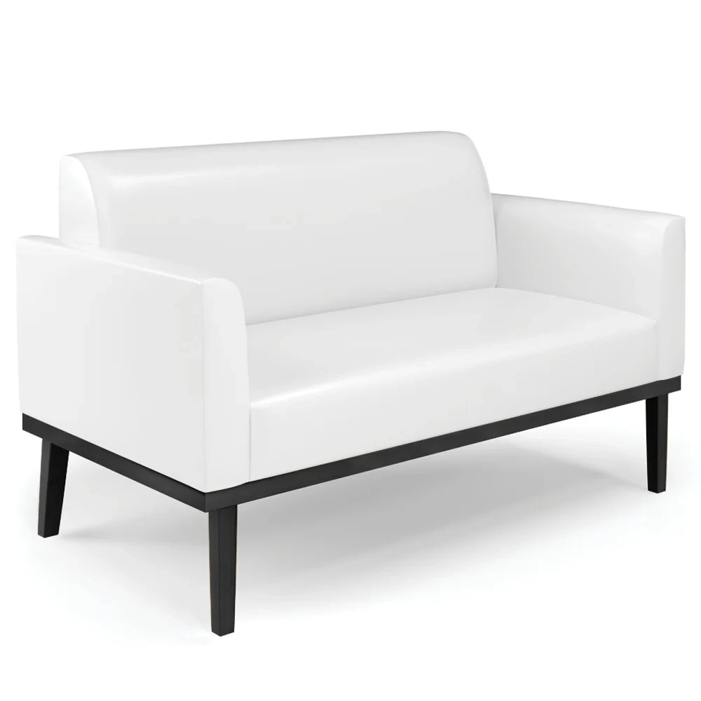 Sofá Namoradeira e 1 Poltrona Base Madeira Preto Maressa Sintético PU Branco - Ibiza