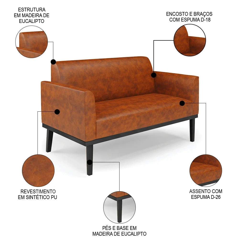 Sofá Namoradeira e 1 Poltrona Base Madeira Preto Maressa Sintético PU Nozes - Ibiza