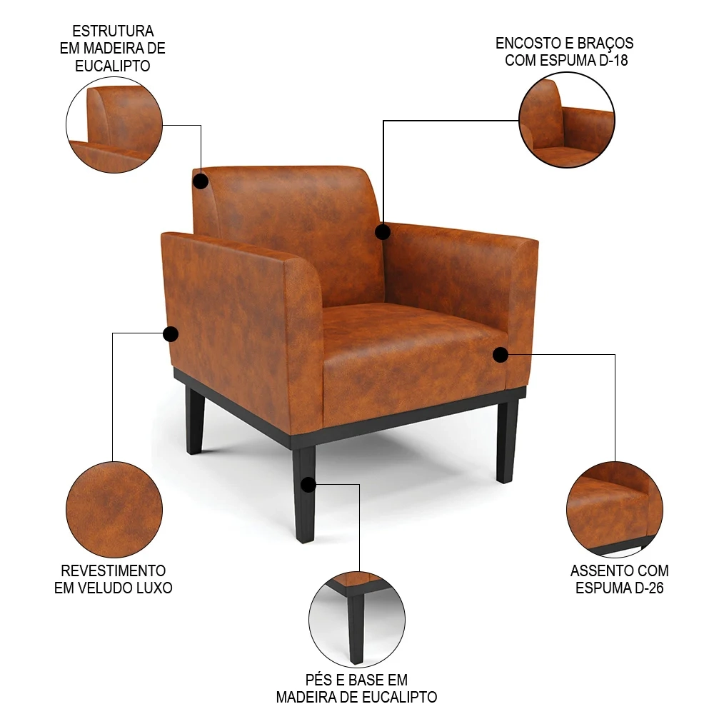 Sofá Namoradeira e 1 Poltrona Base Madeira Preto Maressa Sintético PU Nozes - Ibiza