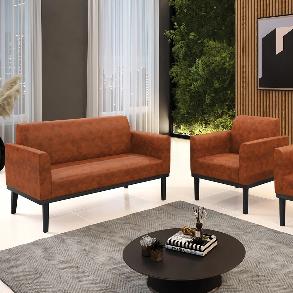 Sofá Namoradeira e 1 Poltrona Base Madeira Preto Maressa Sintético PU Nozes - Ibiza