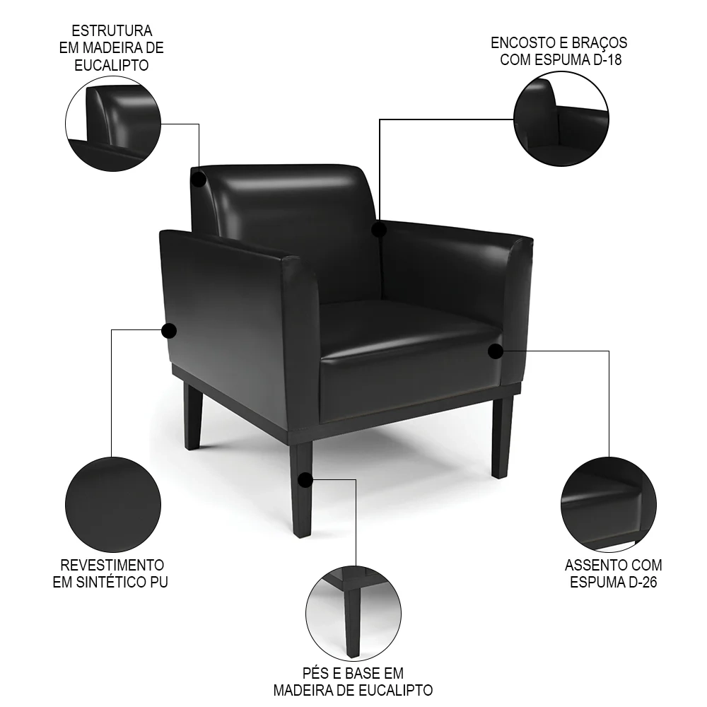 Sofá Namoradeira e 1 Poltrona Base Madeira Preto Maressa Sintético PU Preto - Ibiza