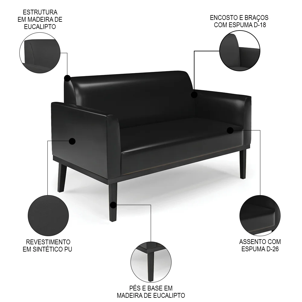 Sofá Namoradeira e 1 Poltrona Base Madeira Preto Maressa Sintético PU Preto - Ibiza