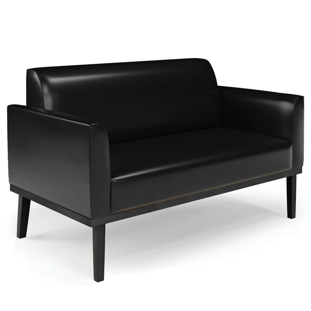 Sofá Namoradeira e 1 Poltrona Base Madeira Preto Maressa Sintético PU Preto - Ibiza