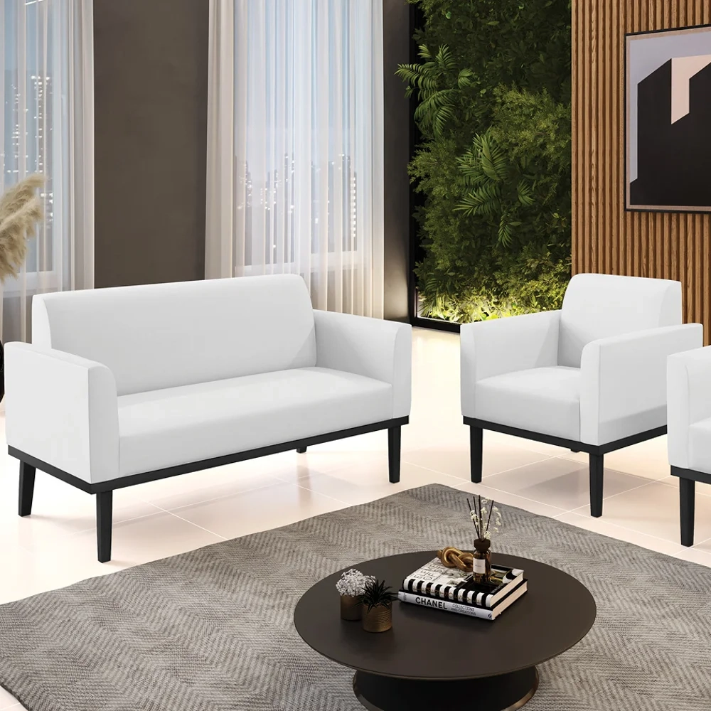 Sofá Namoradeira e 1 Poltrona Base Madeira Preto Maressa Sintético Branco - Ibiza