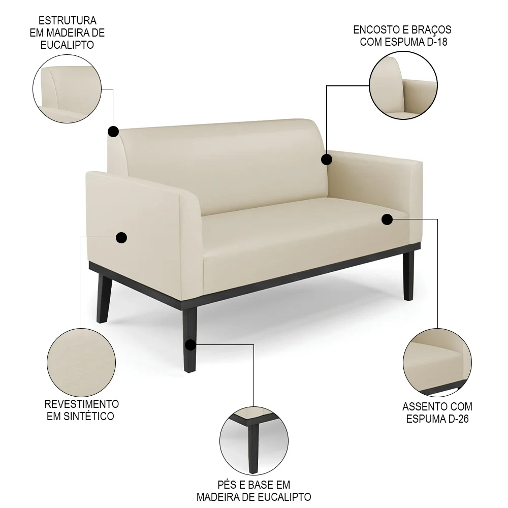 Sofá Namoradeira e 1 Poltrona Base Madeira Preto Maressa Sintético Bege - Ibiza