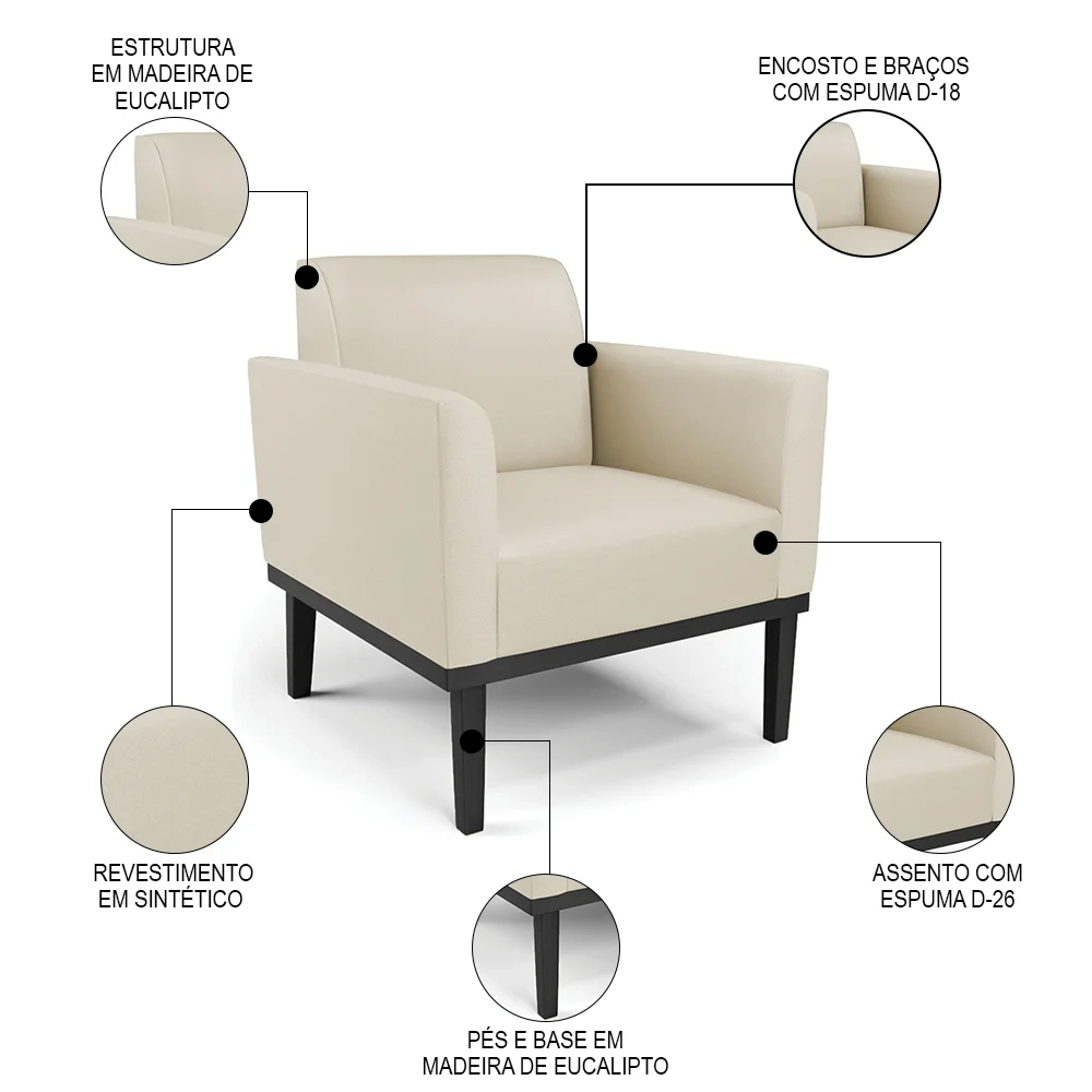Sofá Namoradeira e 1 Poltrona Base Madeira Preto Maressa Sintético Bege - Ibiza