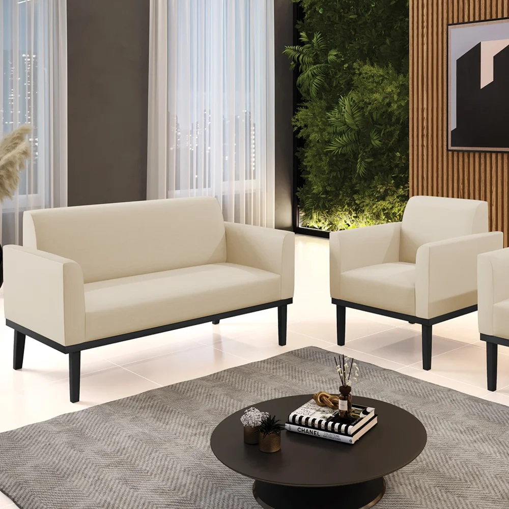 Sofá Namoradeira e 1 Poltrona Base Madeira Preto Maressa Sintético Bege - Ibiza