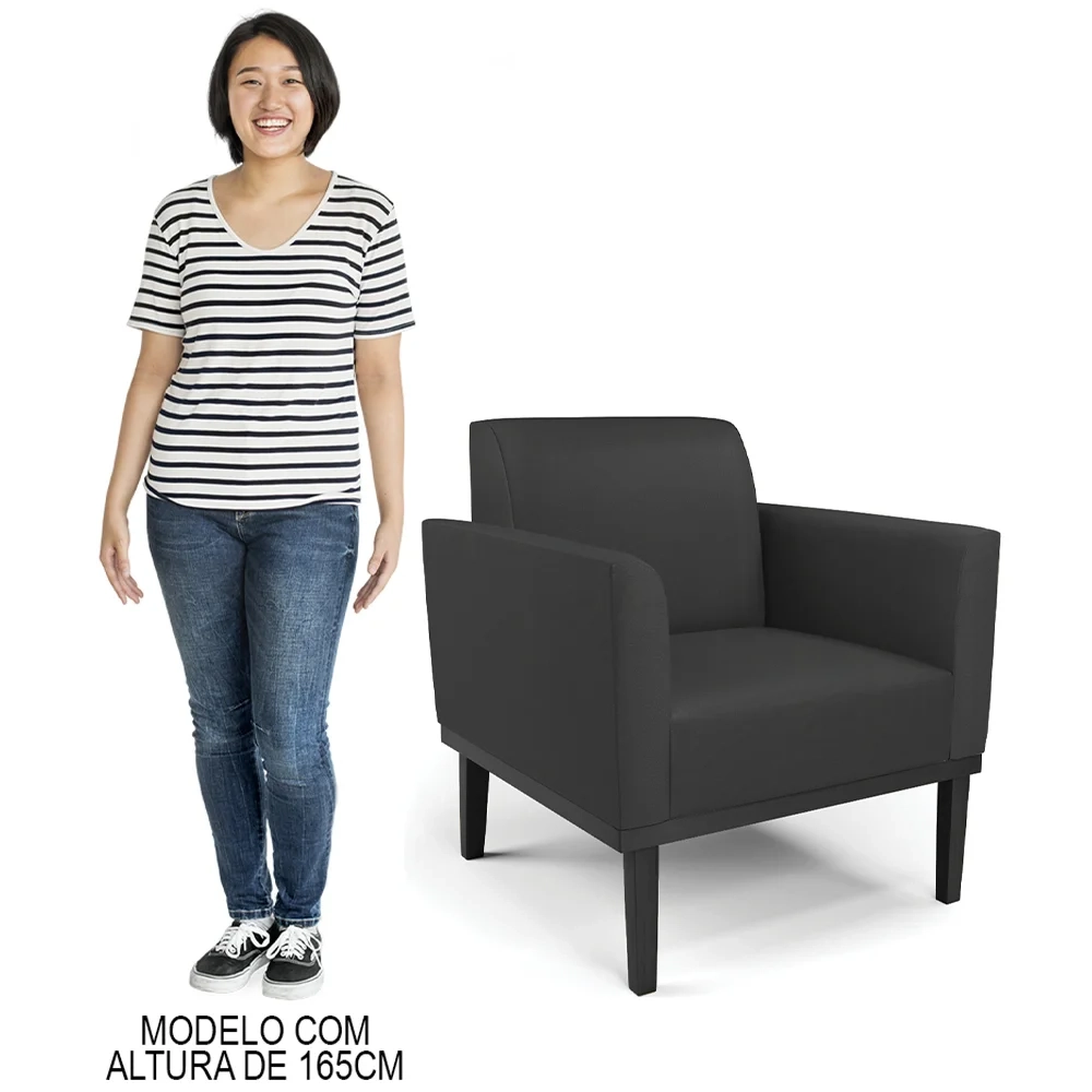 Sofá Namoradeira e 1 Poltrona Base Madeira Preto Maressa Sintético Preto - Ibiza