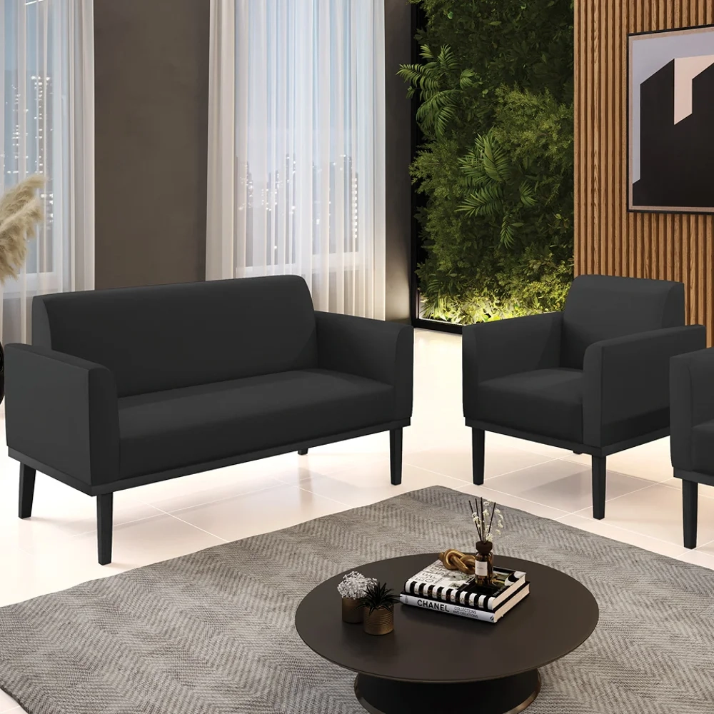 Sofá Namoradeira e 1 Poltrona Base Madeira Preto Maressa Sintético Preto - Ibiza