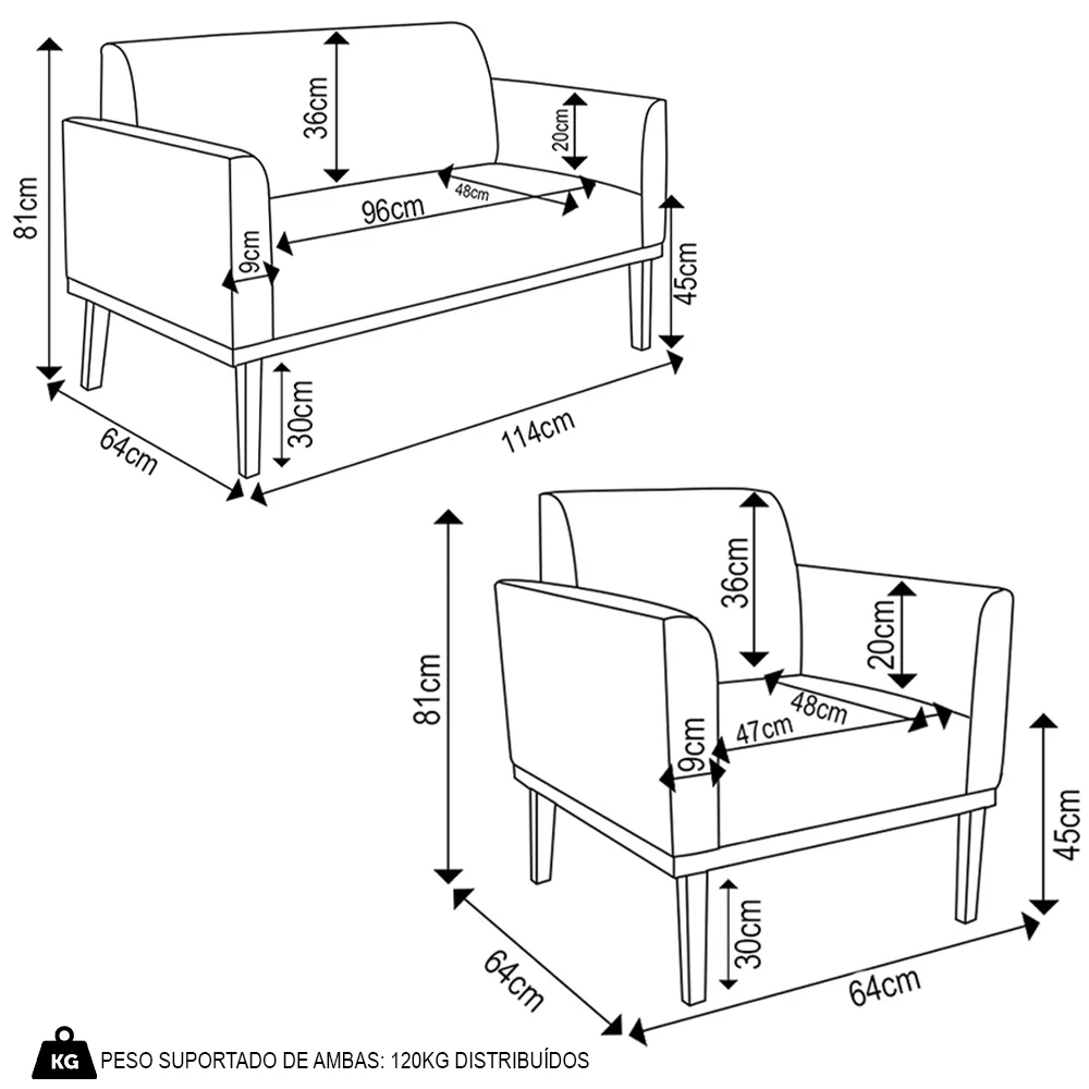Sofá Namoradeira e 1 Poltrona Base Madeira Preto Maressa Linho Bege - Ibiza