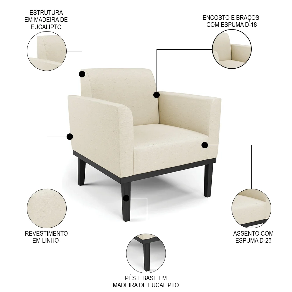 Sofá Namoradeira e 1 Poltrona Base Madeira Preto Maressa Linho Bege - Ibiza
