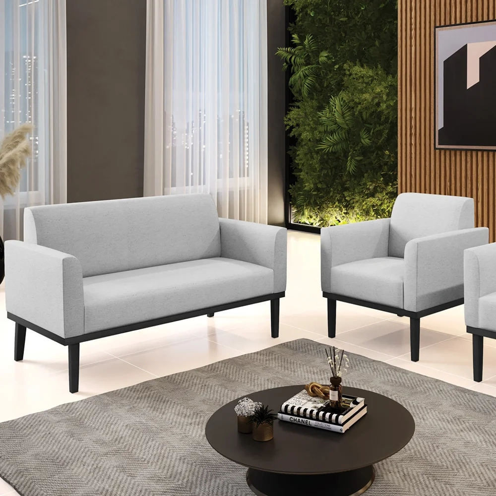 Sofá Namoradeira e 1 Poltrona Base Madeira Preto Maressa Linho Cinza - Ibiza