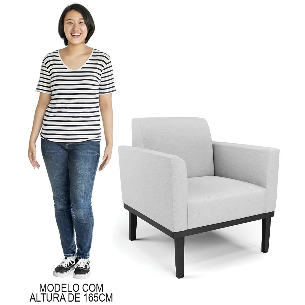 Sofá Namoradeira e 1 Poltrona Base Madeira Preto Maressa Linho Cinza - Ibiza