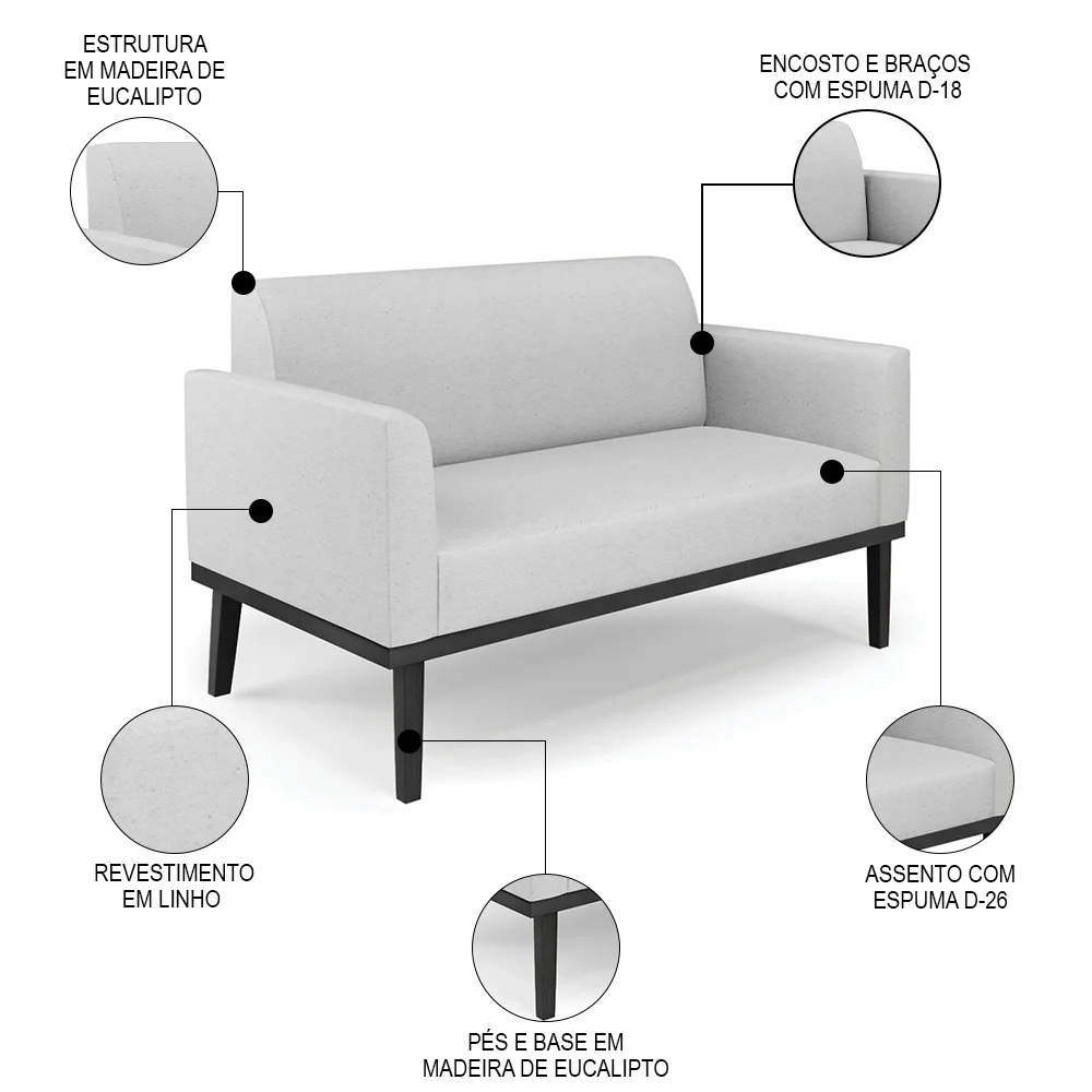 Sofá Namoradeira e 1 Poltrona Base Madeira Preto Maressa Linho Cinza - Ibiza