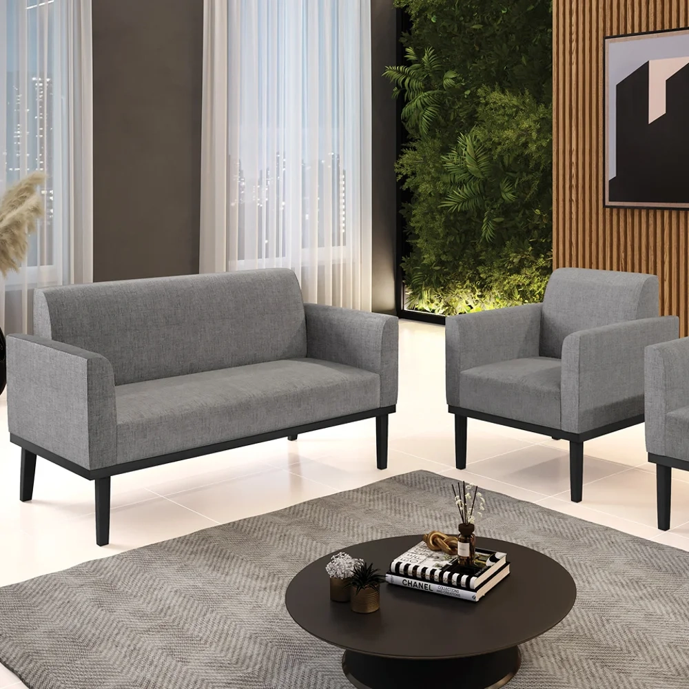 Sofá Namoradeira e 1 Poltrona Base Madeira Preto Maressa Linho Grafite - Ibiza