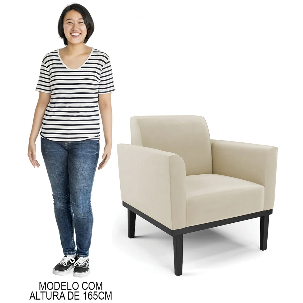 Sofá Namoradeira e 1 Poltrona Base Madeira Preto Maressa Suede Bege - Ibiza