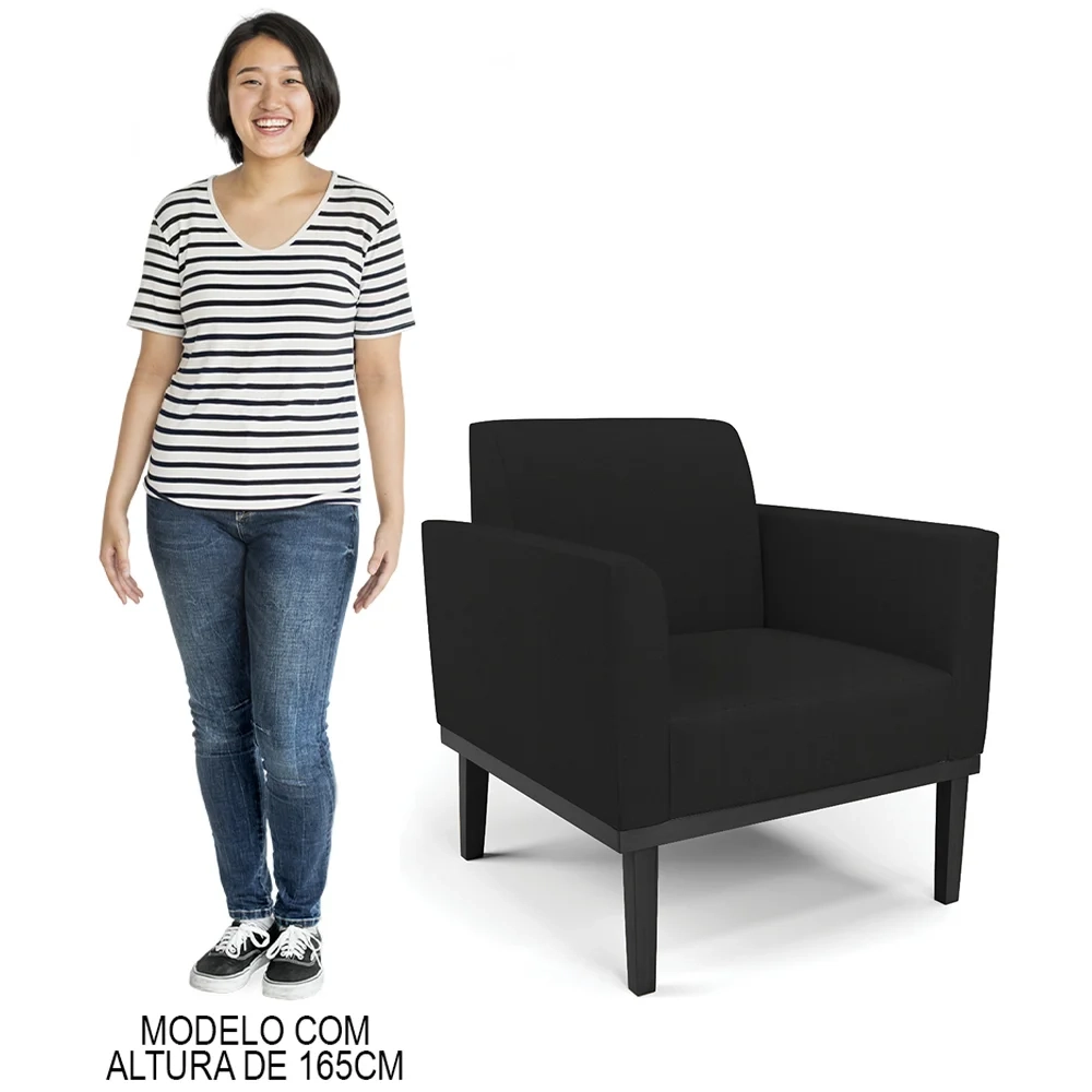 Sofá Namoradeira e 1 Poltrona Base Madeira Preto Maressa Linho Preto - Ibiza