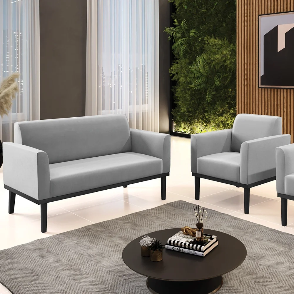 Sofá Namoradeira e 1 Poltrona Base Madeira Preto Maressa Suede Cinza - Ibiza