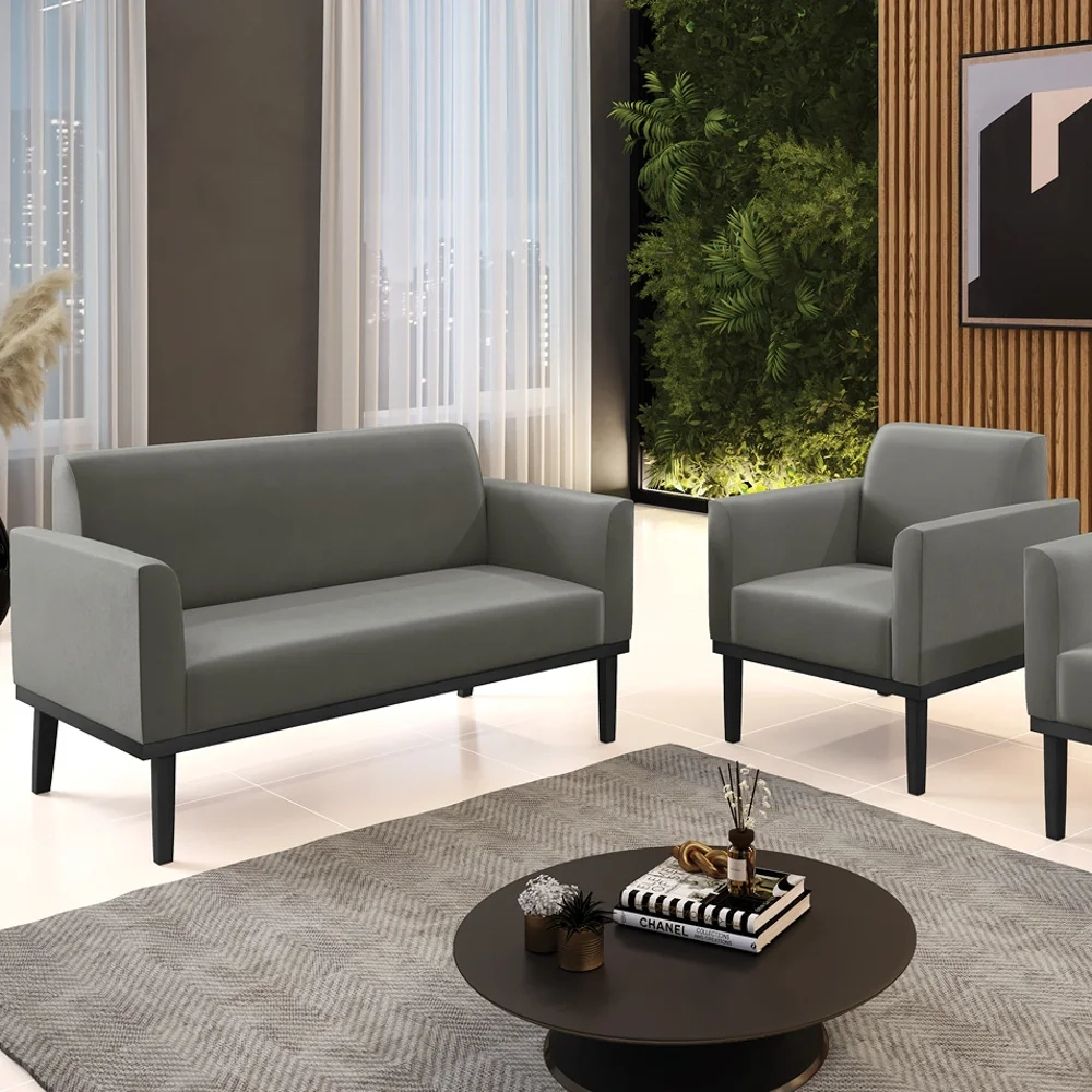 Sofá Namoradeira e 1 Poltrona Base Madeira Preto Maressa Suede Grafite - Ibiza