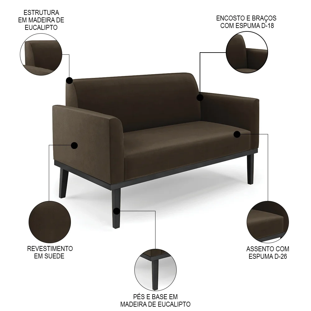 Sofá Namoradeira e 1 Poltrona Base Madeira Preto Maressa Suede Marrom - Ibiza