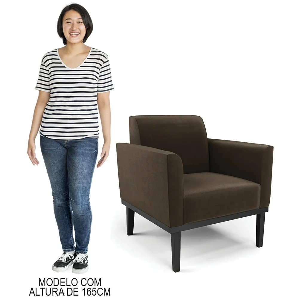 Sofá Namoradeira e 1 Poltrona Base Madeira Preto Maressa Suede Marrom - Ibiza