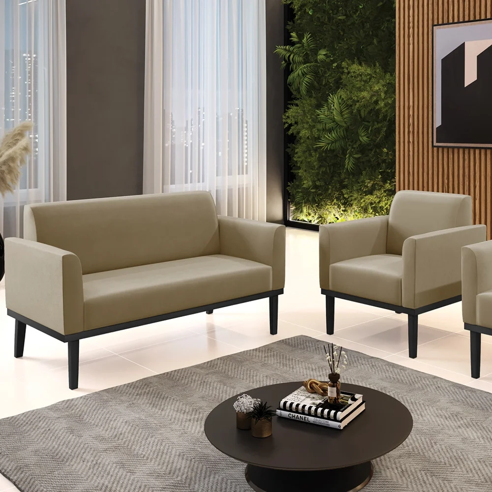 Sofá Namoradeira e 1 Poltrona Base Madeira Preto Maressa Suede Marrom RT - Ibiza