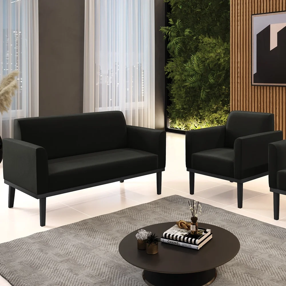 Sofá Namoradeira e 1 Poltrona Base Madeira Preto Maressa Suede Preto - Ibiza