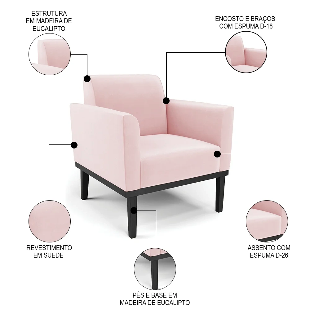 Sofá Namoradeira e 1 Poltrona Base Madeira Preto Maressa Suede Rosa Bebê - Ibiza