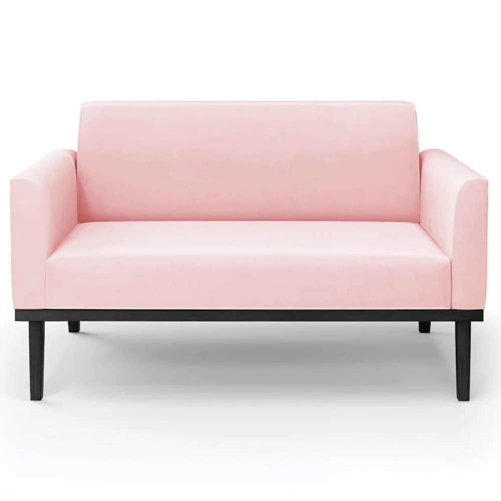 Sofá Namoradeira e 1 Poltrona Base Madeira Preto Maressa Suede Rosa Bebê - Ibiza