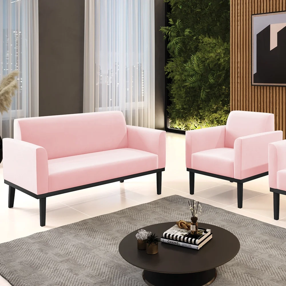 Sofá Namoradeira e 1 Poltrona Base Madeira Preto Maressa Suede Rosa Bebê - Ibiza