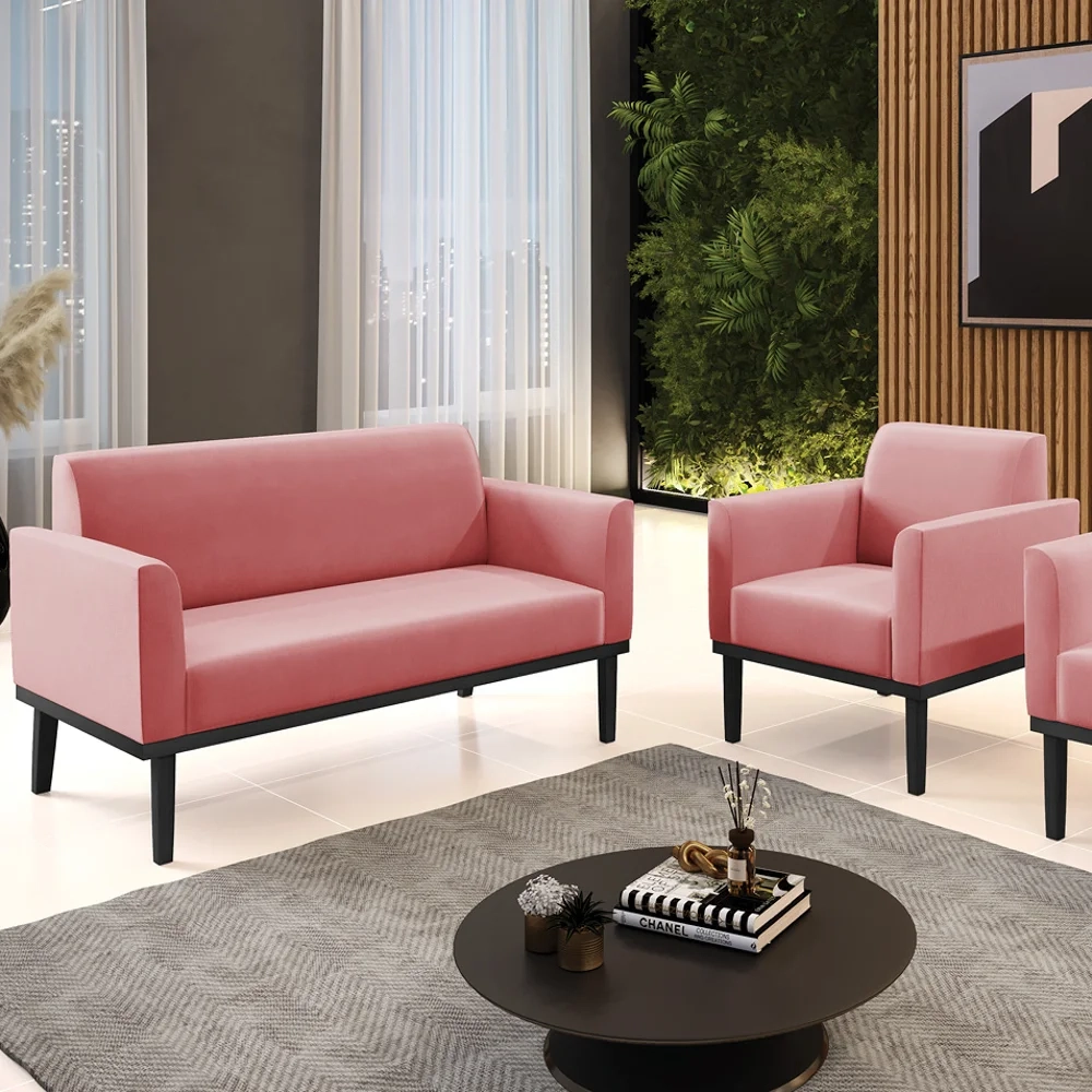 Sofá Namoradeira e 1 Poltrona Base Madeira Preto Maressa Suede Rosê - Ibiza