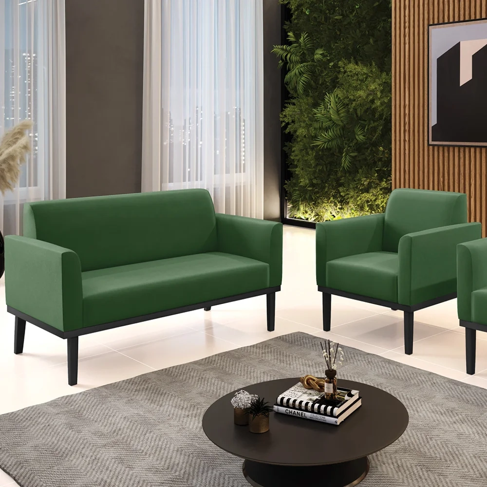 Sofá Namoradeira e 1 Poltrona Base Madeira Preto Maressa Suede Verde - Ibiza