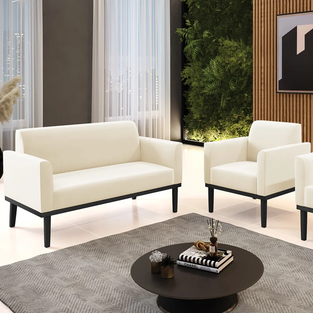 Sofá Namoradeira e 1 Poltrona Base Madeira Preto Maressa Veludo Bege - Ibiza