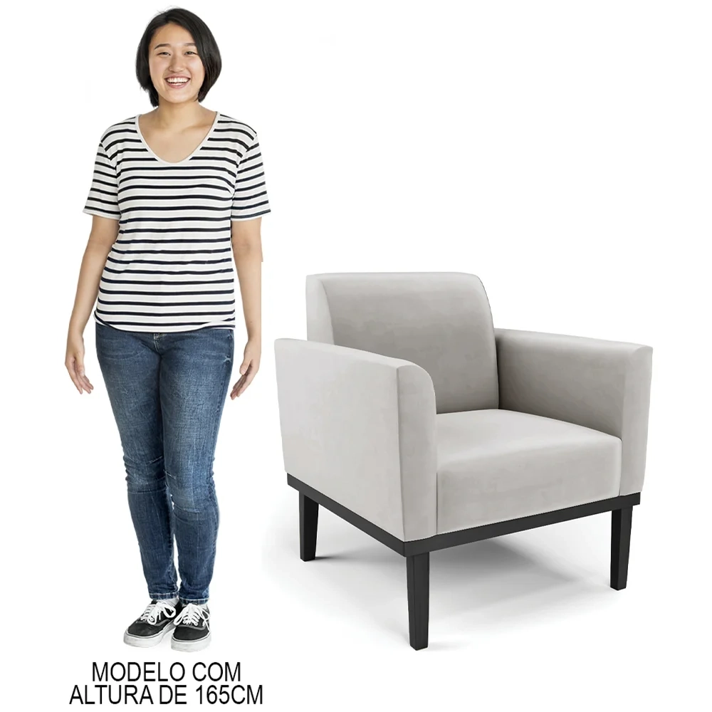 Sofá Namoradeira e 1 Poltrona Base Madeira Preto Maressa Veludo Cinza - Ibiza