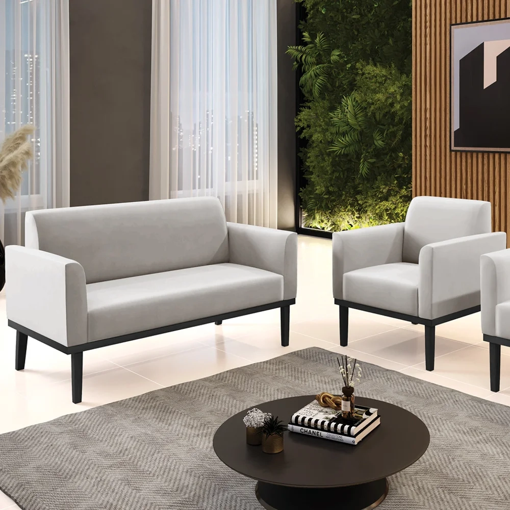 Sofá Namoradeira e 1 Poltrona Base Madeira Preto Maressa Veludo Cinza - Ibiza