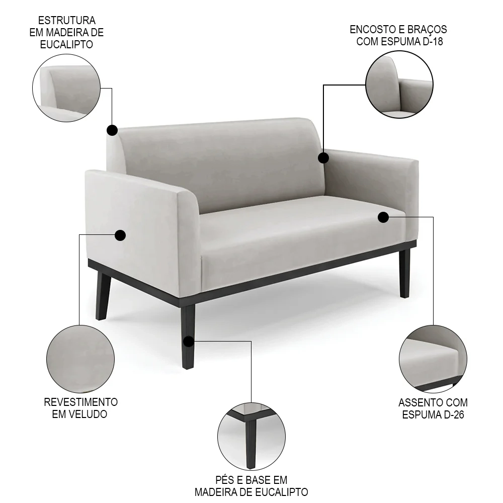 Sofá Namoradeira e 1 Poltrona Base Madeira Preto Maressa Veludo Cinza - Ibiza