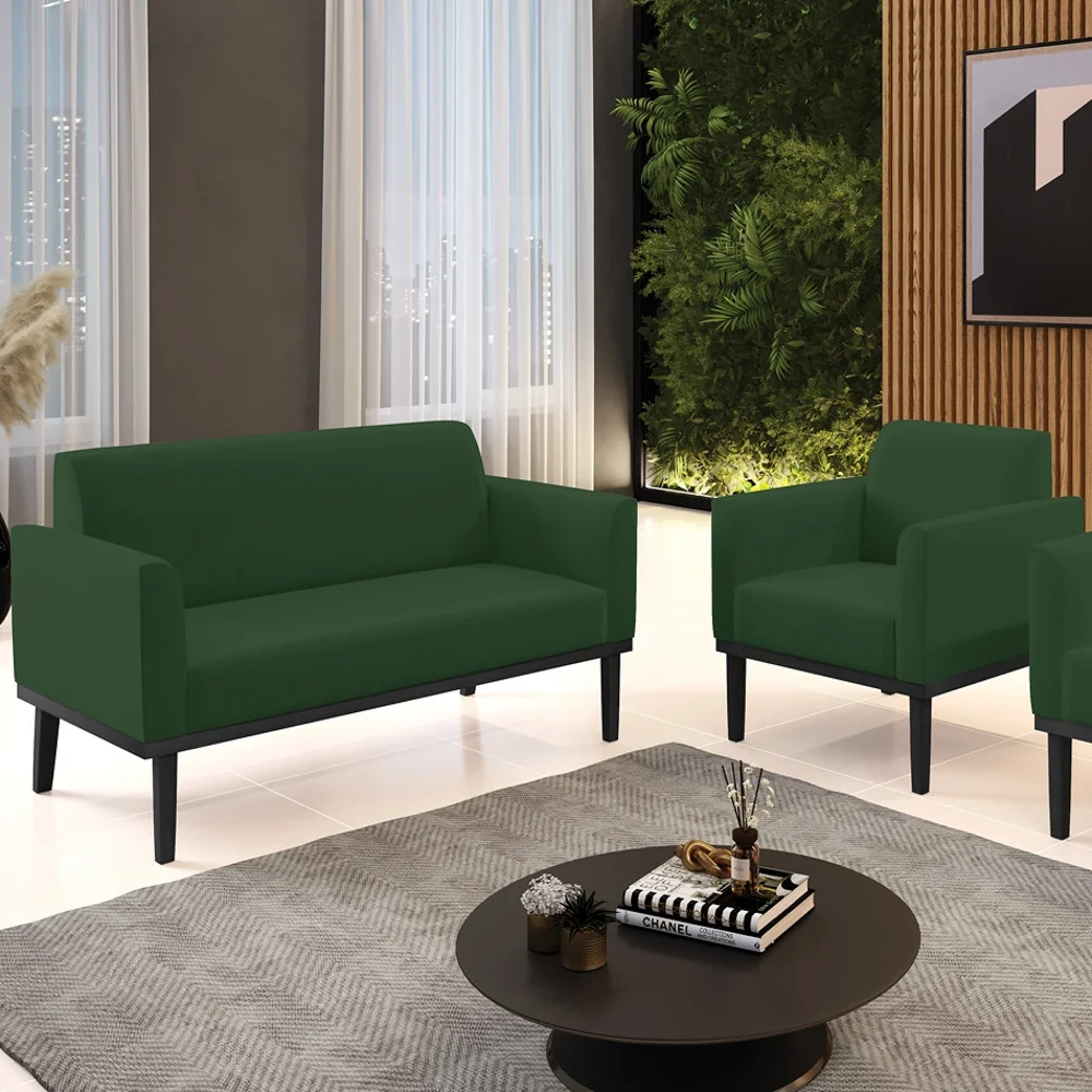 Sofá Namoradeira e 1 Poltrona Base Madeira Preto Maressa Veludo Verde - Ibiza