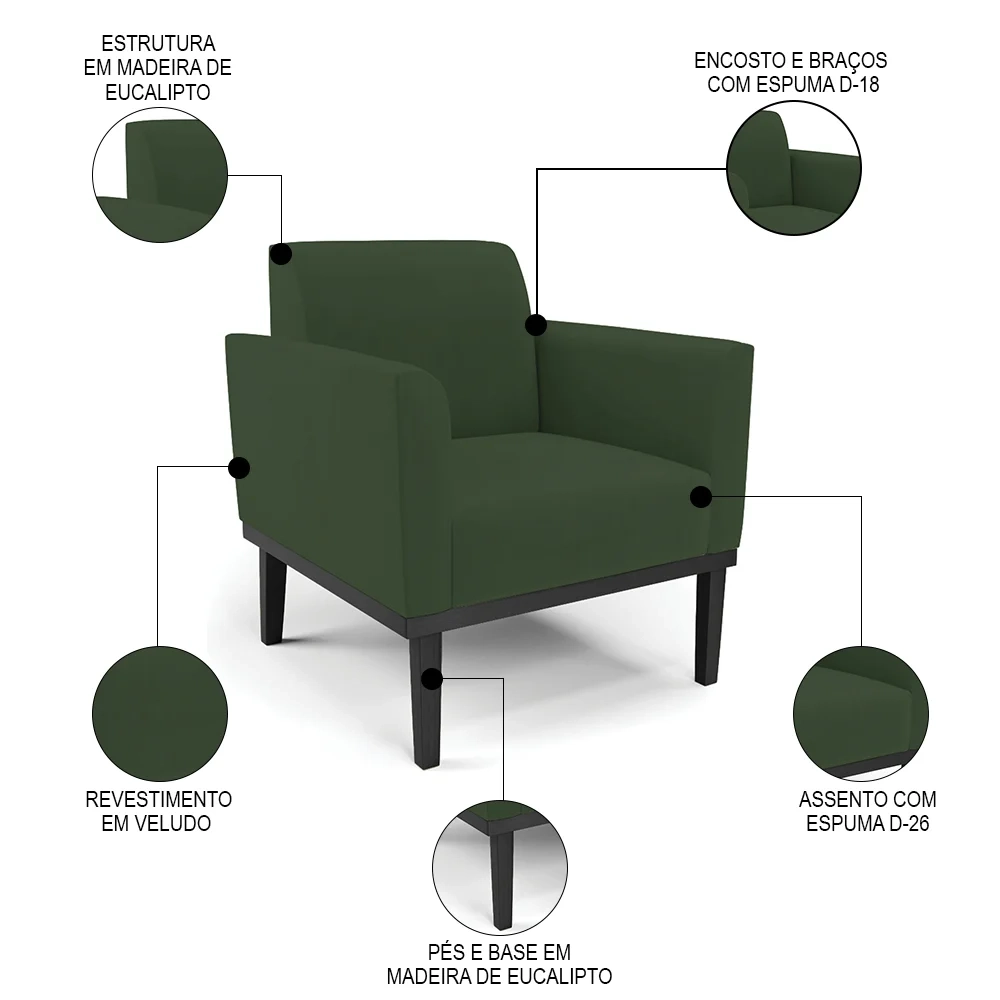 Sofá Namoradeira e 1 Poltrona Base Madeira Preto Maressa Veludo Verde - Ibiza