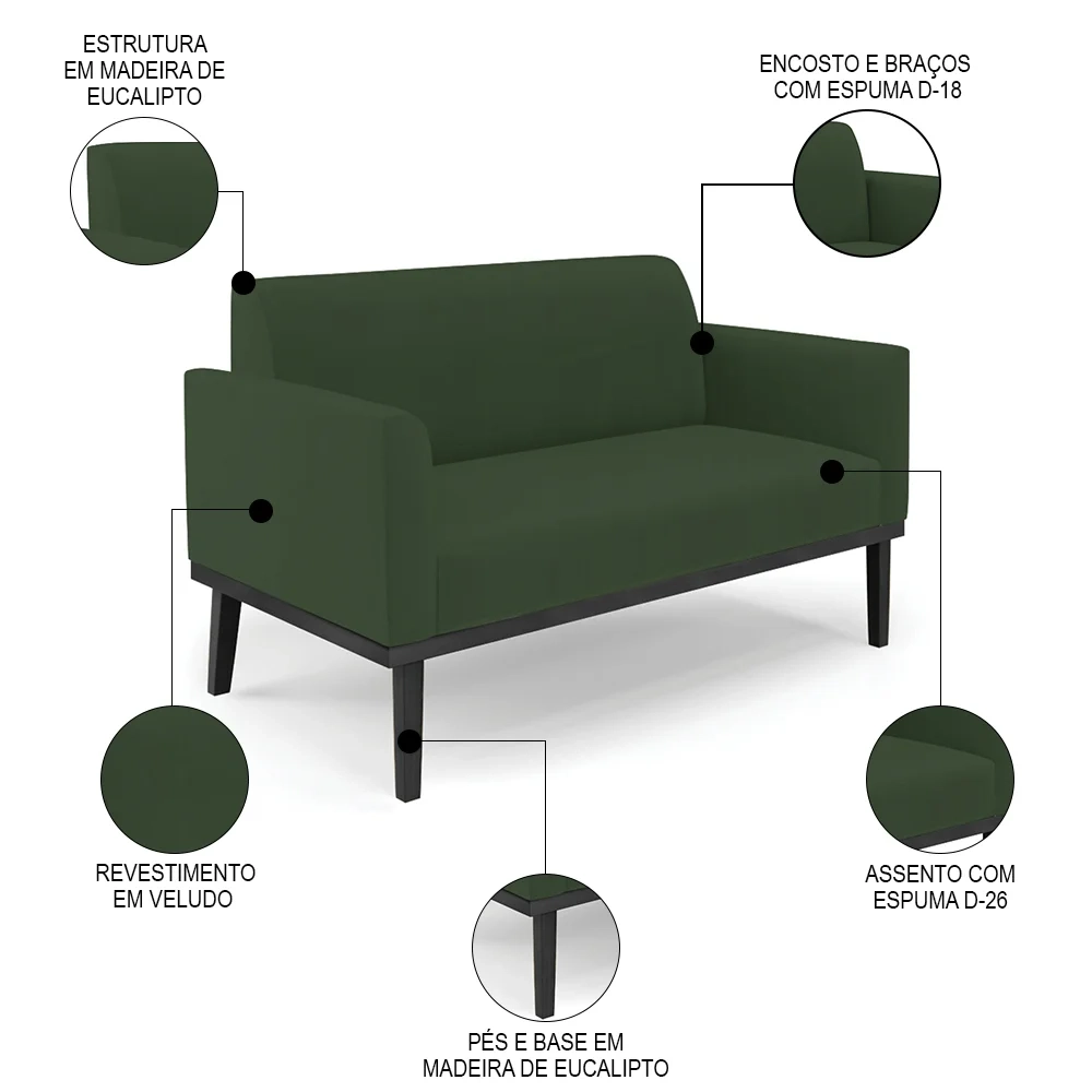 Sofá Namoradeira e 1 Poltrona Base Madeira Preto Maressa Veludo Verde - Ibiza