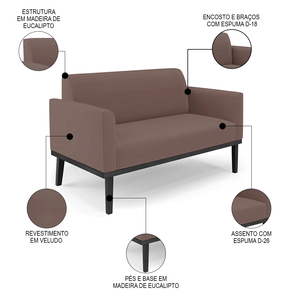 Sofá Namoradeira e 1 Poltrona Base Madeira Preto Maressa Veludo Rosê - Ibiza